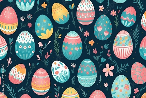 Seamless pattern of colorful easter egg festive seasonal hand drawn with flowers branch illustration