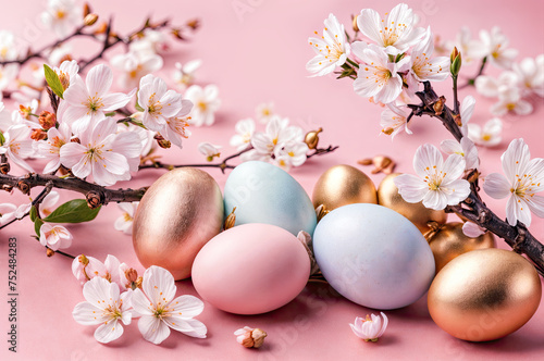Easter background, golden and colored Easter eggs on a cherry blossom branch. copy space