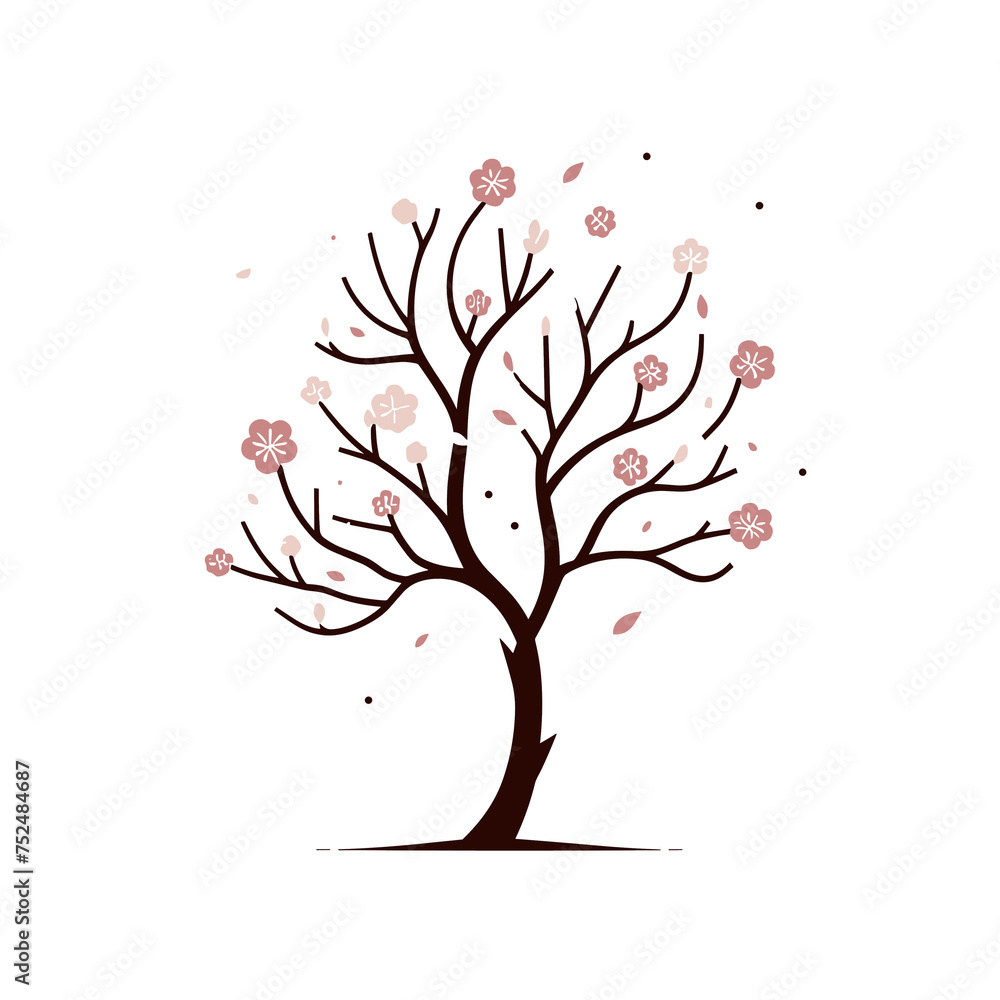 Fototapeta premium Sakura tree with pink flowers on a white background, spring blossom icon, Vector illustration, generative ai