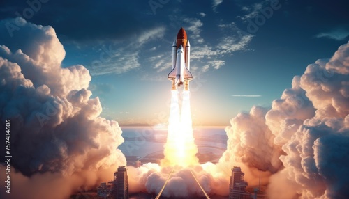 New space rocket lift off. Space shuttle with smoke and blast takes off into space on a background of blue planet earth with amazing sunset. Successful start of a space mission photo