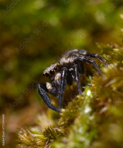 jumping spider Pseudeuophrys sitting on a moss, forest