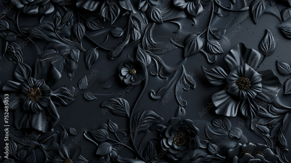 Black flowers ornament on dark background