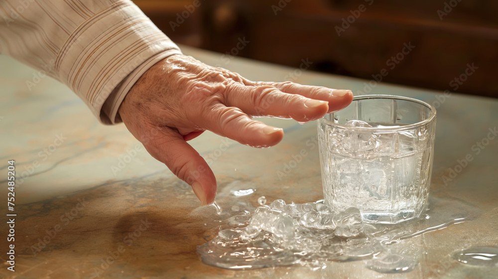 Wrinkled hand of an elderly person and spilled glass of water. Parkinson's disease concept - obrazy, fototapety, plakaty 