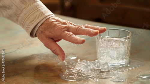 Wrinkled hand of an elderly person and spilled glass of water. Parkinson's disease concept © colnihko