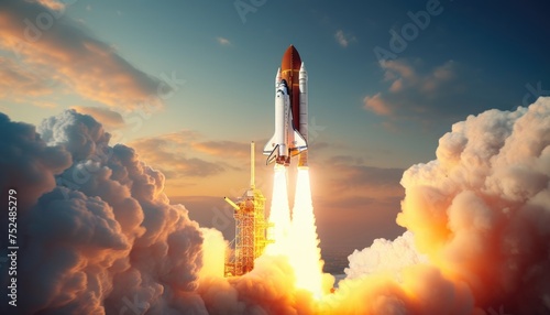 New space rocket lift off. Space shuttle with smoke and blast takes off into space on a background of blue planet earth with amazing sunset. Successful start of a space mission