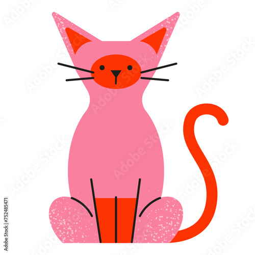 Cute cartoon characteristic pink hairless Siamese cat with red ears and tail sitting. Flat doodle style. Vector illustration. 