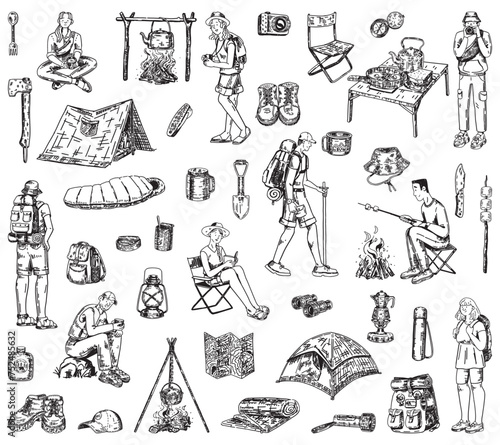 Camping doodles collection. Sketches set of people traveling, hiking equipment, journey supply. Vector illustration isolated on white.