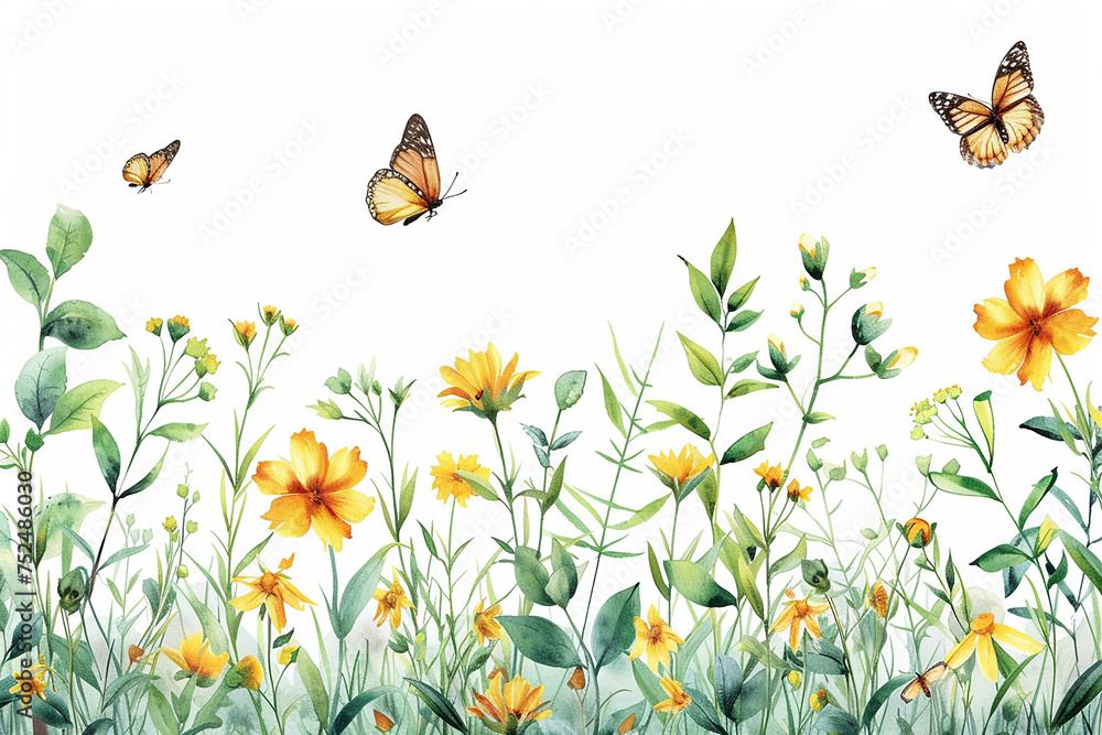 Wide horizontal banner with yellow flowers and butterflies. Floral seamless pattern. Summer or spring background. Wide horizontal banner with yellow flowers and butterflies. Floral seamless pattern. Summer or spring background.