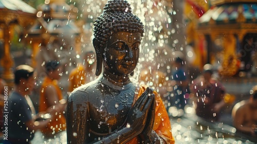 Amidst the tranquil ambiance of Songkran, a close-up captures the serene face of a Buddha statue adorned with golden marigolds and delicate water droplets. © Laphatrada
