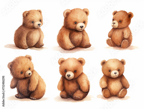 Set of 5 super cute brown teddy bear watercolor isolated on white background © Pickoloh