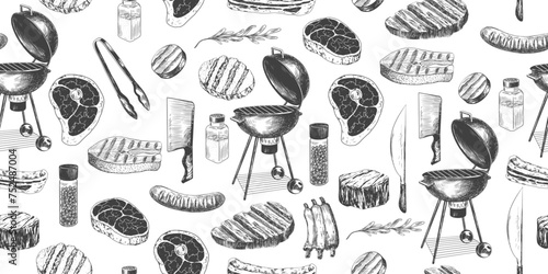 Seamless pattern with grilled meat and bbq equipment. Background with bbq food and tool. Hand drawn grilled steak, sausage, fish, ribs, bacon. Bone in ribeye steak. Kitchen utensils. Kitchenware