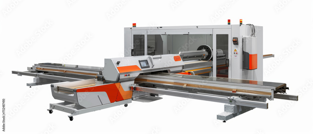 A state-of-the-art panel saw machine, showcasing a sleek design with orange and grey accents, ready to precision-cut large wood panels. A state-of-the-art panel saw machine, showcasing a sleek design with orange and grey accents, ready to precision-cut large wood panels.