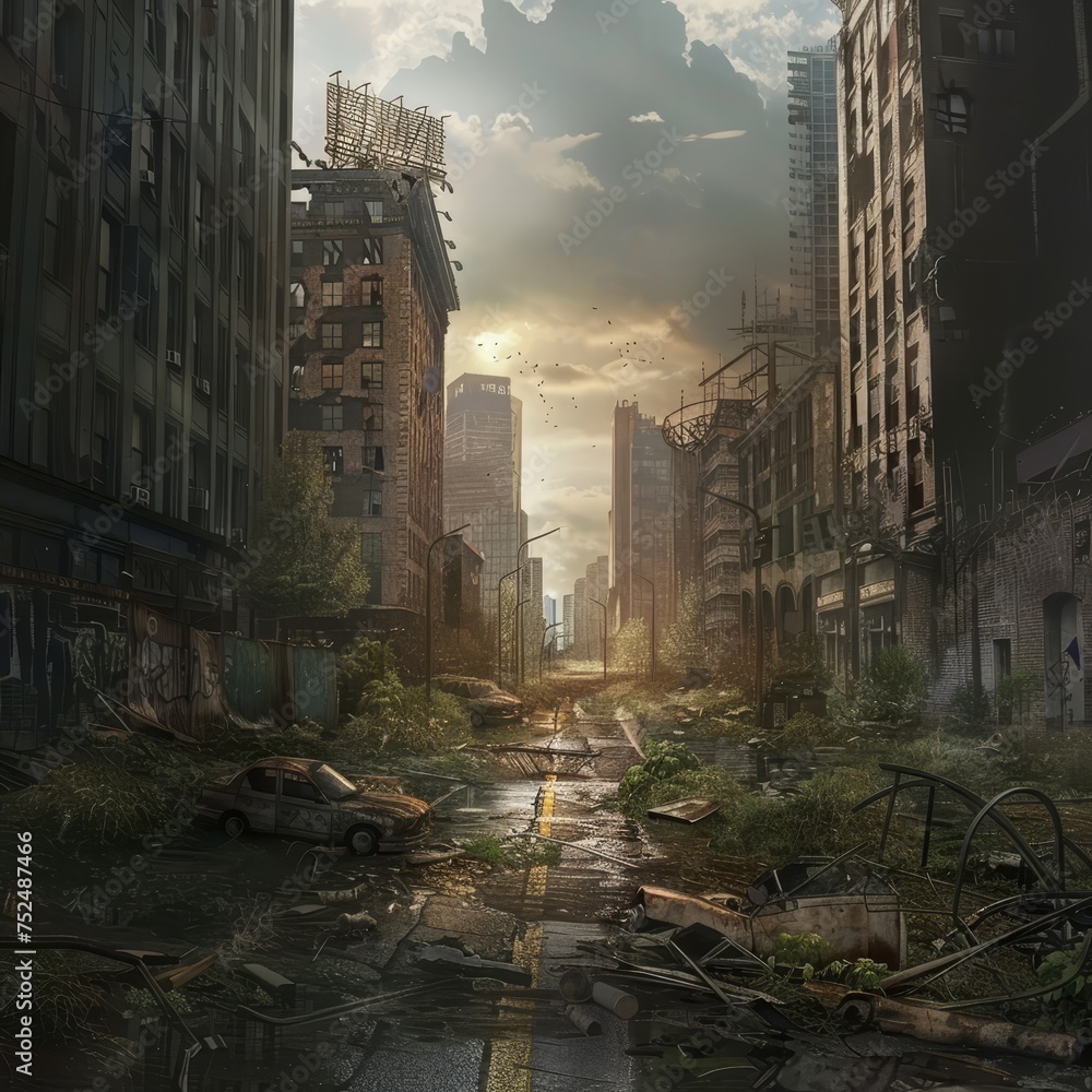 A visually striking image of an overgrown post-apocalyptic city with nature reclaiming the space, highlighting themes of desolation and resilience.