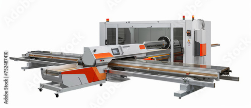 A state-of-the-art panel saw machine, showcasing a sleek design with orange and grey accents, ready to precision-cut large wood panels.