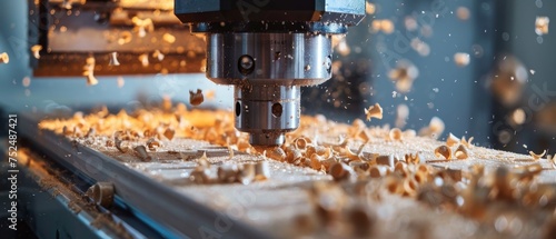 A CNC machine actively carves into a wooden surface, with flying wood shavings illustrating the intensity of the woodworking process. The scene captures both the precision and dynamism of carpentry. photo