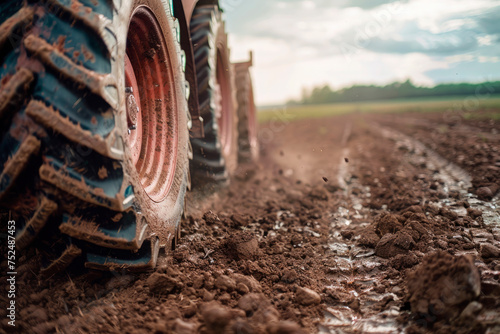 Tractor Wheels covered in mud with field in the backround. Agronomy, farming, husbandry concept photo