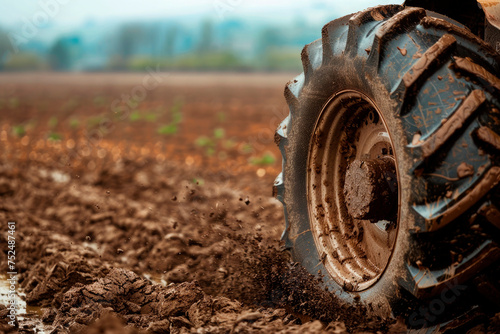 Tractor Wheels covered in mud with field in the backround. Agronomy, farming, husbandry concept. Copy space photo