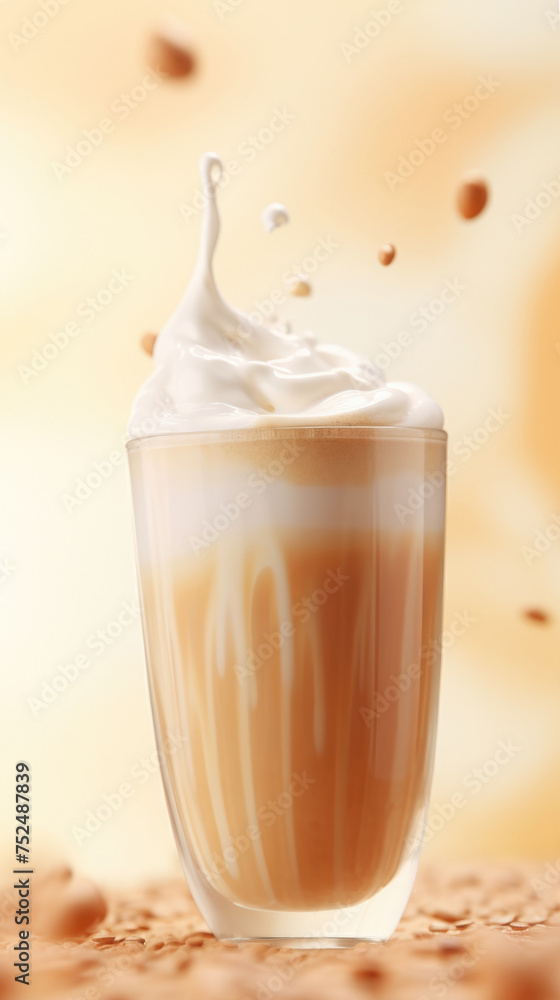 Dynamic Coffee Splash in Cappuccino Glass Cup. Hot drink warm glow background Dynamic Coffee Splash in Cappuccino Glass Cup. Hot drink warm glow background