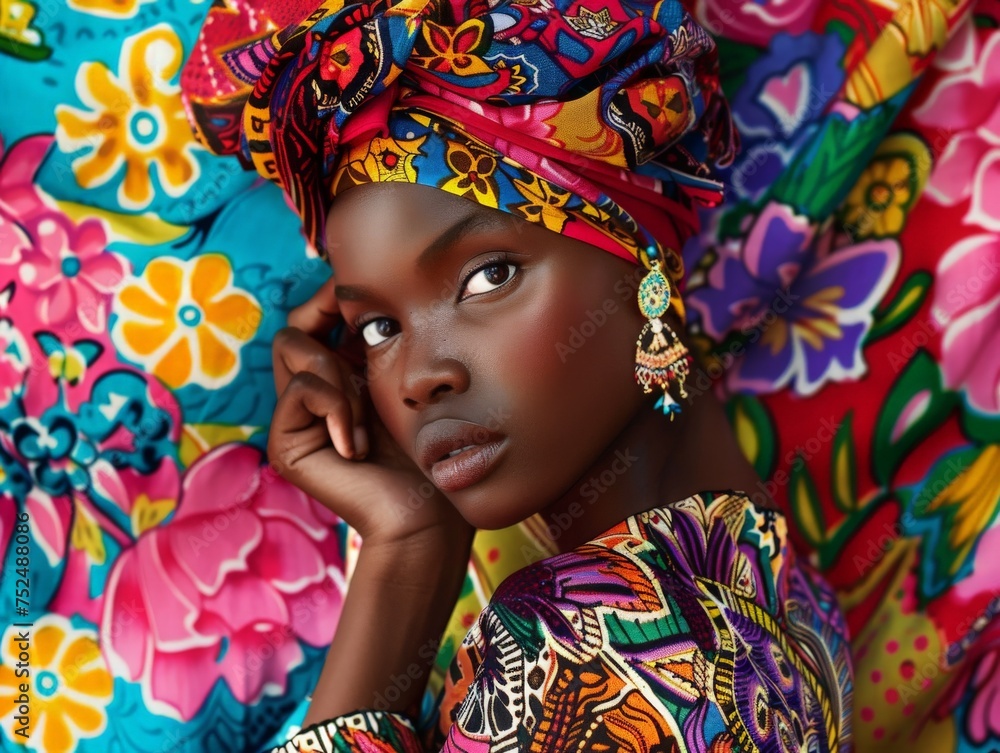 A woman exudes elegance and culture as she wears a vibrant, colorful head scarf and earrings.