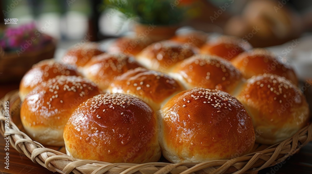 A close-up photo capturing the top of a bun cake adorned with sesame seeds. Revel in the soft texture and enticing aroma, a visual treat for bakery enthusiasts