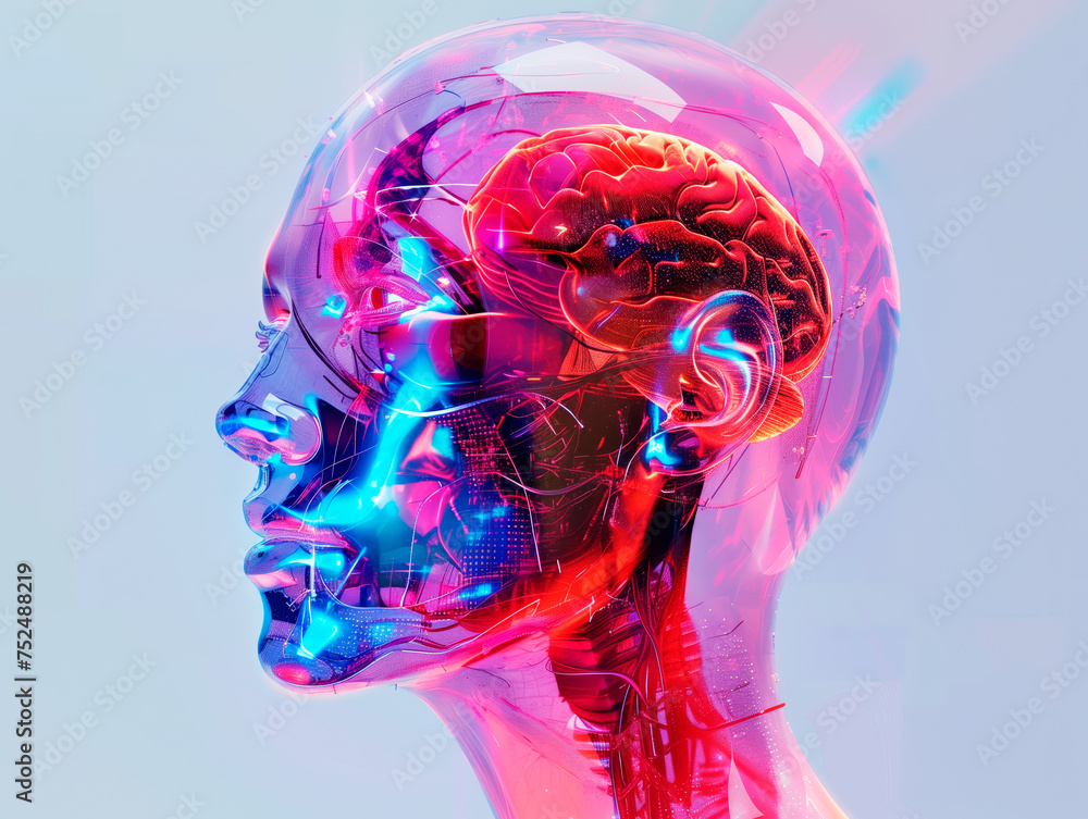 Illustration of a translucent human head with a neurochip implanted. Concept of advanced neurotechnology, brain-computer iinterfacing, human brain analysis, cognitive function study