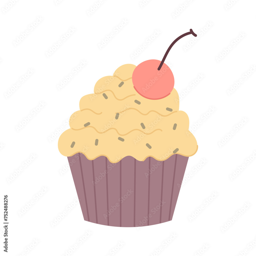 Festive muffin with cherry in flat style. Vector illustration of a cupcake with topping on a white background. Homemade baking. Festive muffin with cherry in flat style. Vector illustration of a cupcake with topping on a white background. Homemade baking.