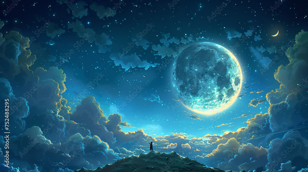 Cartoon round moon on blue sky background