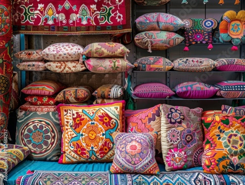 Explore a vivid display of eclectic pillows in a store  showcasing a myriad of colors  patterns  and textures to create a visual feast for the senses.