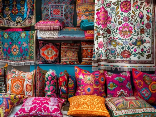 A vivid assortment of colorful pillows and rugs displayed in a store, showcasing the rich tapestry of global craftsmanship and artistic design.