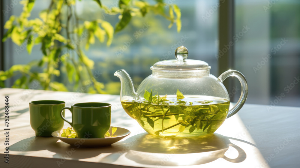 Green teapot and cup with fresh leaves on table, tranquil, zen-like background Green teapot and cup with fresh leaves on table, tranquil, zen-like background
