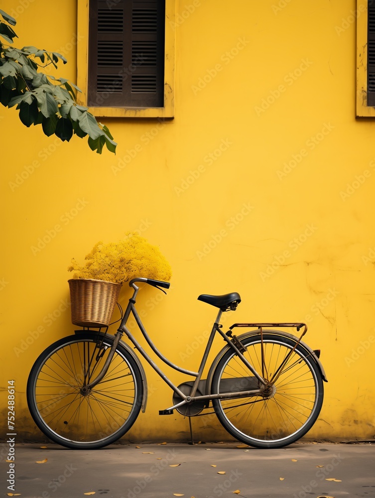 A bicycle parked neatly against a bright yellow wall in an urban setting.