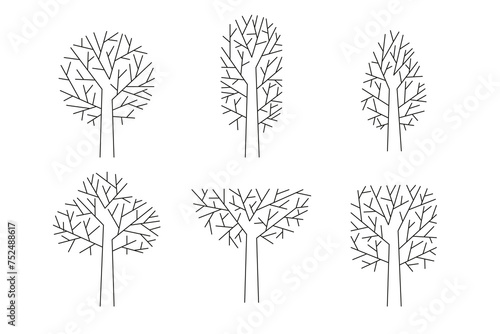 Set of Stylized Trees. Botanical collection of bare trees. Flat vector illustration on white background.