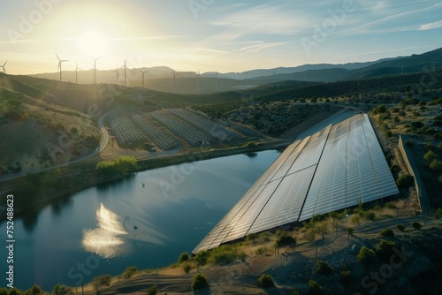 An aerial view captures the serene beauty as a solar panel harnesses energy under the suns rays near a tranquil lake.