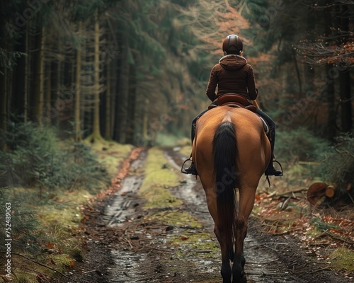 Horseback Riding Through a Forest Trail - Young Woman and Her Stallion Embracing the Beauty of the Outdoors © Wuttichai