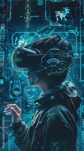 Boy Wearing Virtual Gear in Sci-Fi Realism Background, To convey the concept of virtual reality and its integration with advanced technology in