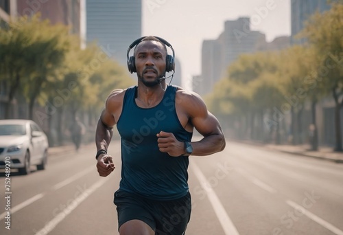 An African-American athlete is engaged in sports, running through the streets of the city in a tracksuit with headphones