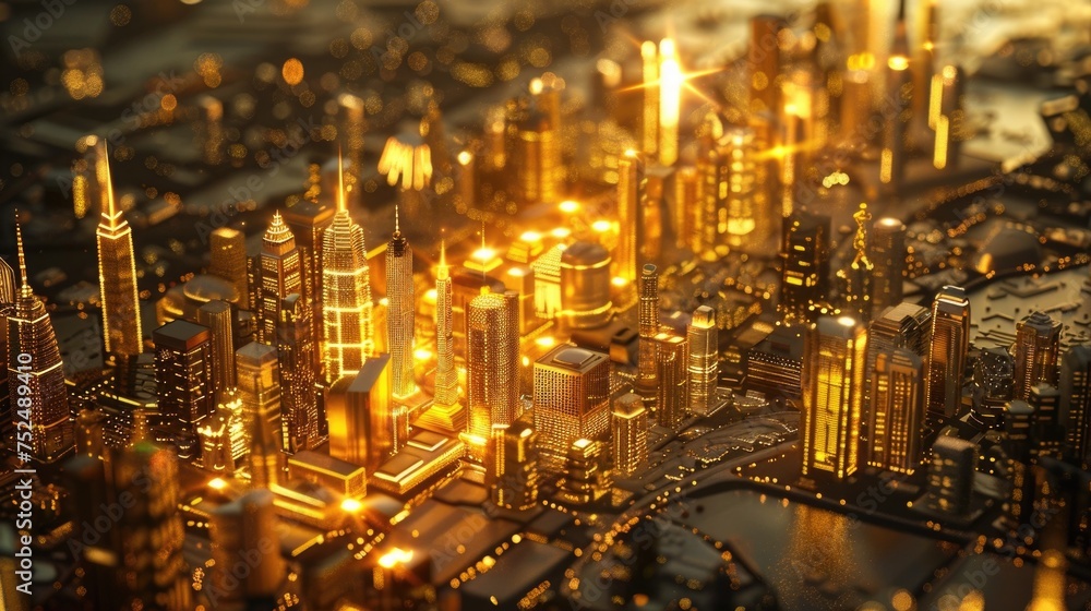 Golden Cityscape with Detailed Miniatures, To showcase the beauty and grandeur of a modern city at night, using warm and inviting lighting to create