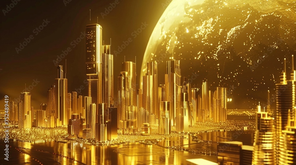 Golden Futuristic City in Space, To provide a visually engaging and ...