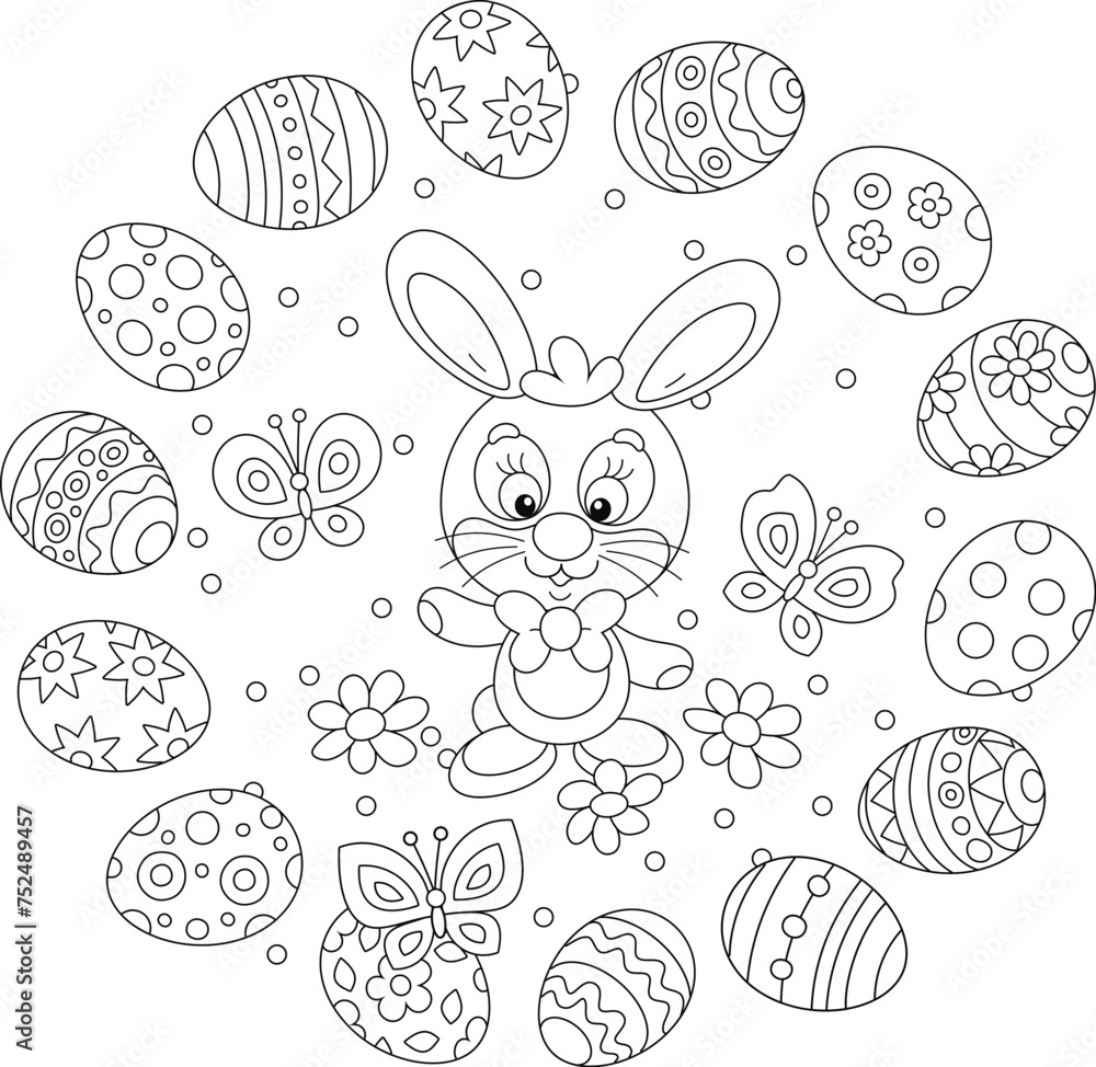 Greeting card with a happy Easter bunny and painted gift eggs with merrily flying butterflies, black and white outline vector cartoon illustration for a coloring book Greeting card with a happy Easter bunny and painted gift eggs with merrily flying butterflies, black and white outline vector cartoon illustration for a coloring book