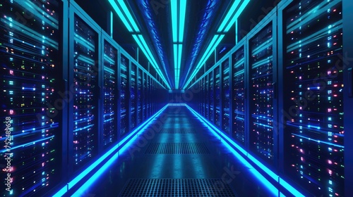 A high-tech data center with rows of servers, blue and green LED lights, symbolizing advanced technology and data storage. Resplendent.