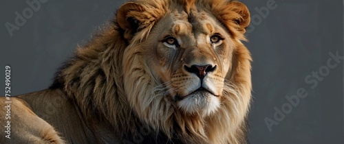 A gorgeous lion on a gray background. Portrait of an animal. A mammal. A big wild safari cat.