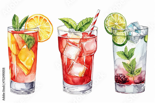 Set oil painting watercolor fresh natural cocktails for summer season vector illustration on isolated white background photo
