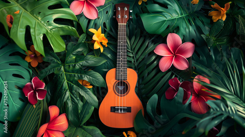 a ukulele surrounded by tropical leaves © Dogaru