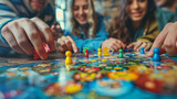 People playing a colorful board game together.