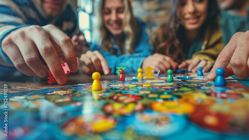 People playing a colorful board game together. photo