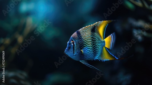 Close-up of angelfish fish on black background in aquarium