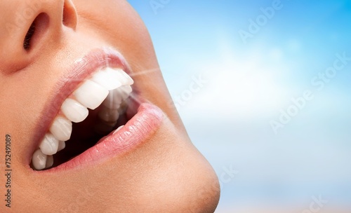 Perfect white clean teeth smile of woman.