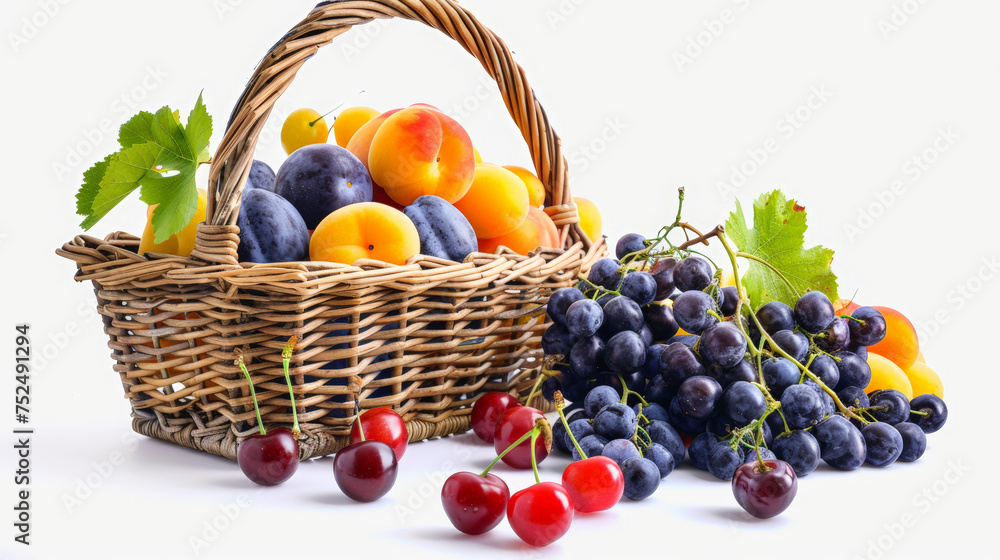 a basket filled with plums, apricots and grapes, another basket filled with cherrys in front, white background, isolated a basket filled with plums, apricots and grapes, another basket filled with cherrys in front, white background, isolated