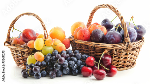 a basket filled with plums  apricots and grapes  another basket filled with cherrys in front  white background  isolated