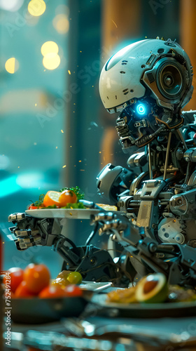 A futuristic superrobot family enjoying a nutritious meal together Close up